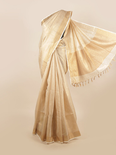 

Pothys Cream-Coloured & Gold-Toned Solid Pure Linen Saree