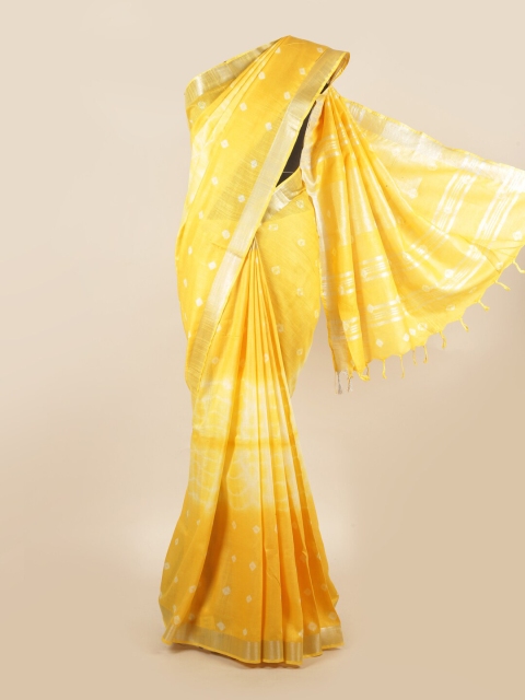 

Pothys Yellow & Gold-Toned Bandhani Zari Pure Linen Saree