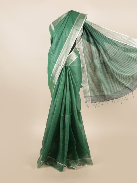 

Pothys Green & Silver-Coloured Zari Pure Linen Saree