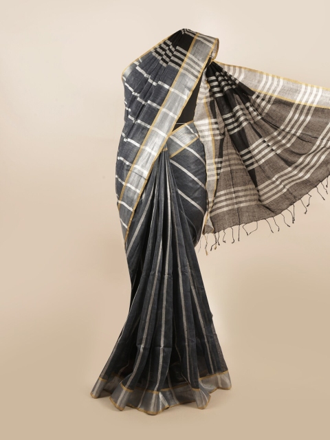 

Pothys Black & Silver-Toned Striped Pure Linen Saree