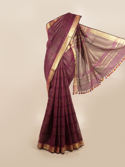 

Pothys Purple & Gold-Toned Checked Pure Linen Saree
