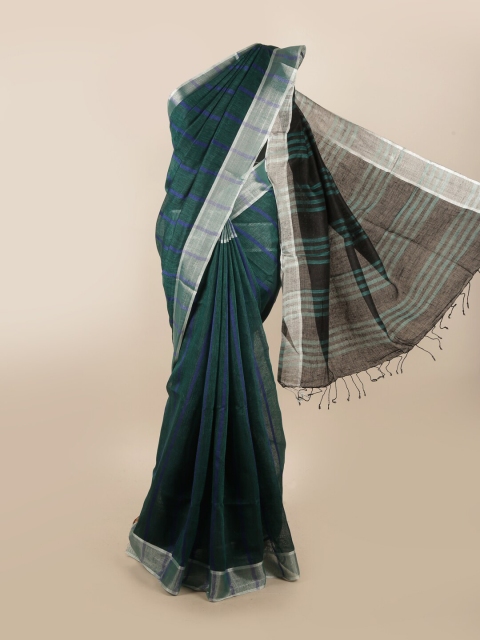

Pothys Green & Silver-Toned Striped Pure Linen Saree