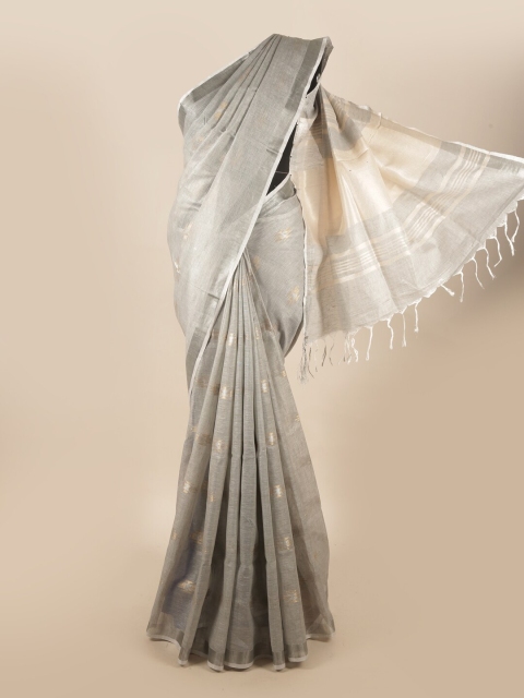 

Pothys Grey & Gold-Toned Woven Design Pure Linen Saree