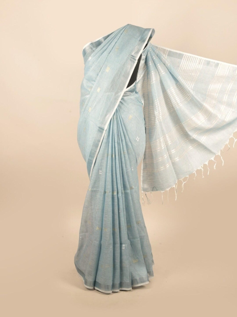 

Pothys Blue & Silver-Toned Striped Pure Linen Saree