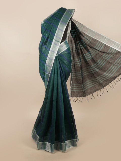 

Pothys Green & Silver-Toned Striped Pure Linen Saree