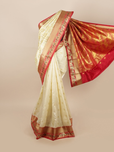 

Pothys Cream-Coloured & Red Ethnic Motifs Zari Art Silk Saree