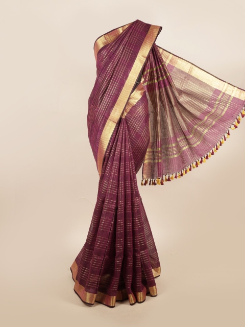 

Pothys Purple & Gold-Toned Striped Zari Pure Linen Saree