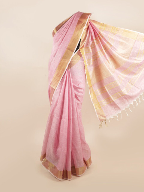 

Pothys Pink & Gold-Toned Woven Design Zari Pure Linen Saree