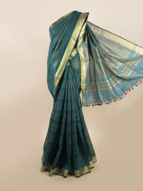 

Pothys Turquoise Blue & Gold-Toned Striped Zari Pure Linen Saree