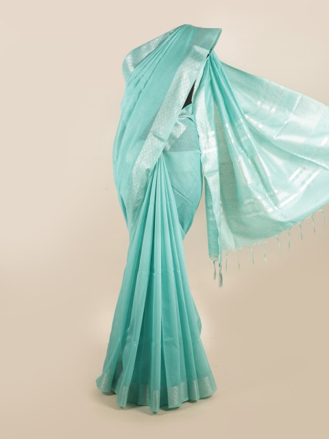 

Pothys Blue & Silver-Toned Striped Pure Linen Saree