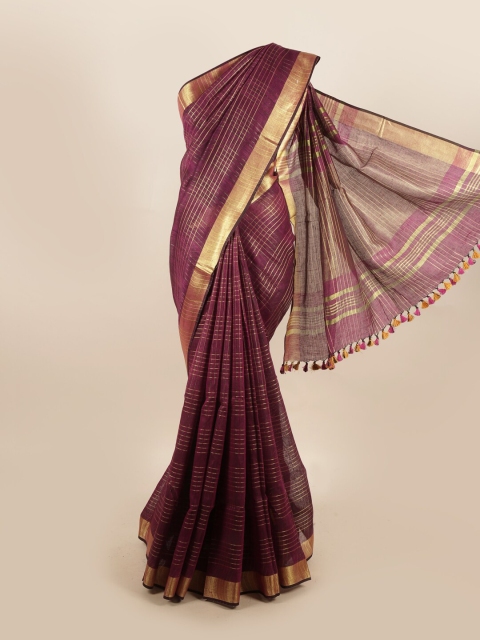 

Pothys Purple & Gold-Toned Checked Zari Pure Linen Saree