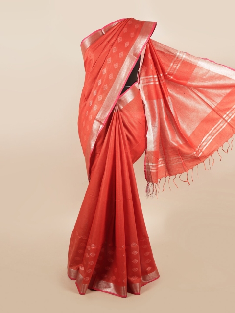 

Pothys Red & Silver-Toned Zari Pure Linen Saree