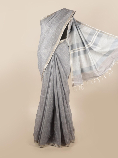 

Pothys Grey & Gold-Toned Striped Zari Pure Linen Saree