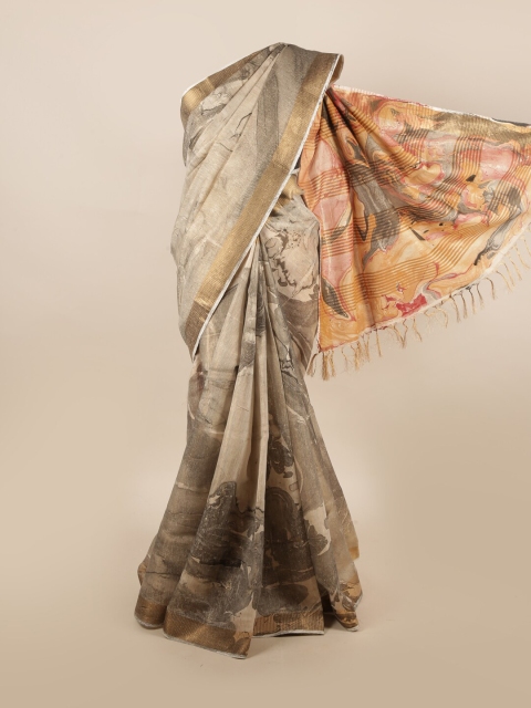 

Pothys Grey & Orange Printed Pure Linen Saree