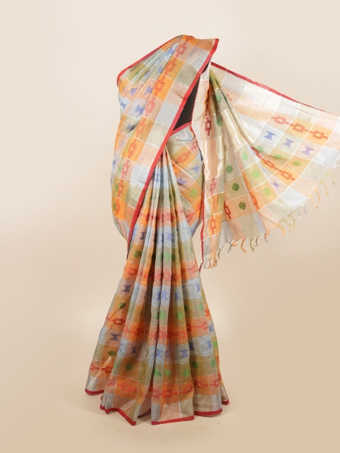 

Pothys Blue & Orange Woven Design Pure Linen Saree