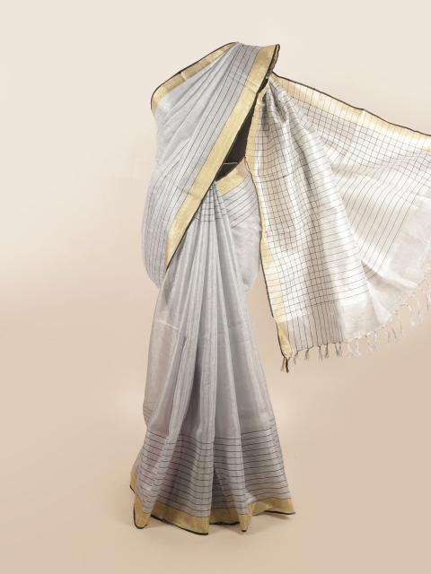 

Pothys Grey & Gold-Toned Striped Pure Linen Saree