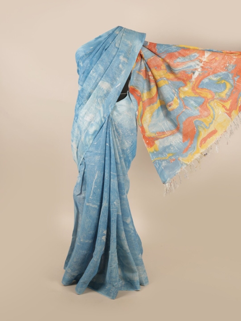 

Pothys Blue & Orange Abstract Printed Pure Linen Saree