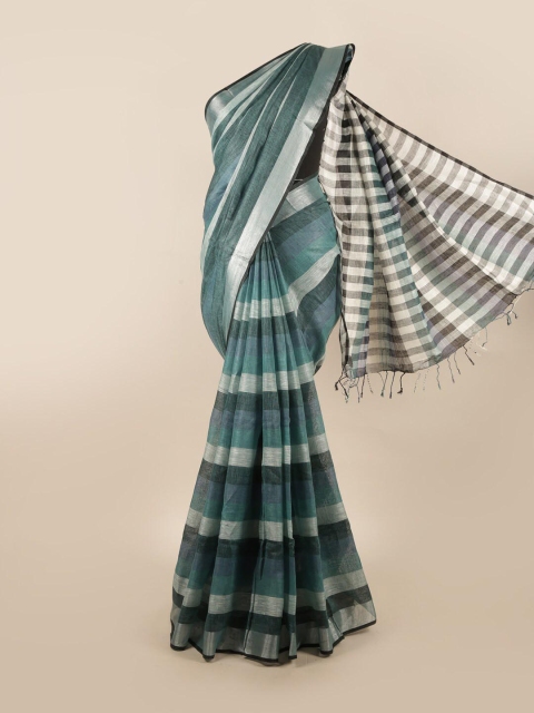 

Pothys Green & Silver-Toned Striped Pure Linen Saree