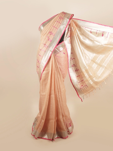 

Pothys Peach-Coloured & Pink Zari Pure Linen Saree