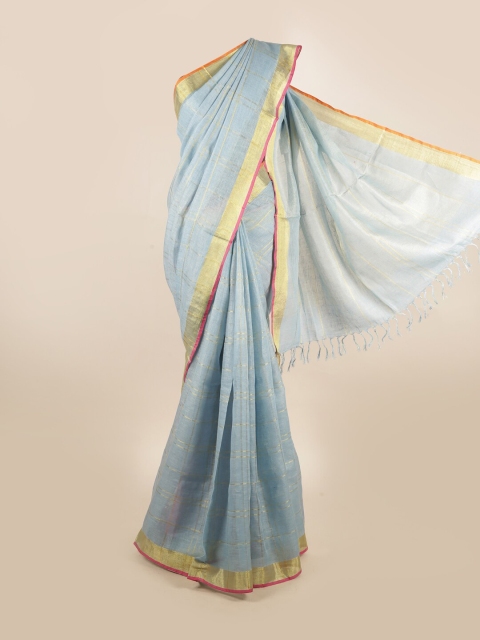 

Pothys Blue & Gold-Coloured Checked Zari Pure Linen Saree