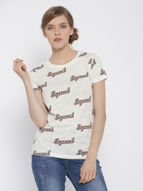 

FOREVER 21 Women Off-White Printed Round Neck T-Shirt