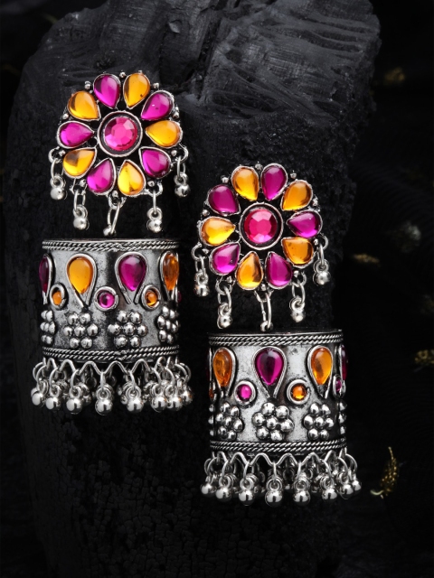 

Shining Diva Pink & Silver-Plated Oxidised Geometric Jhumkas Earrings