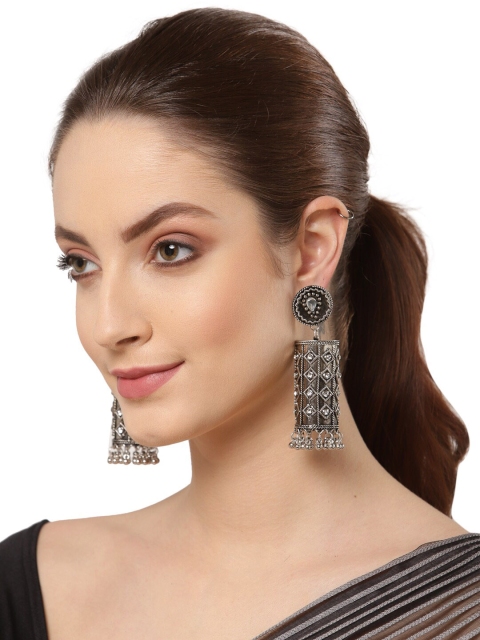 

Shining Diva Silver-Plated Oxidised Geometric Jhumkas Earrings