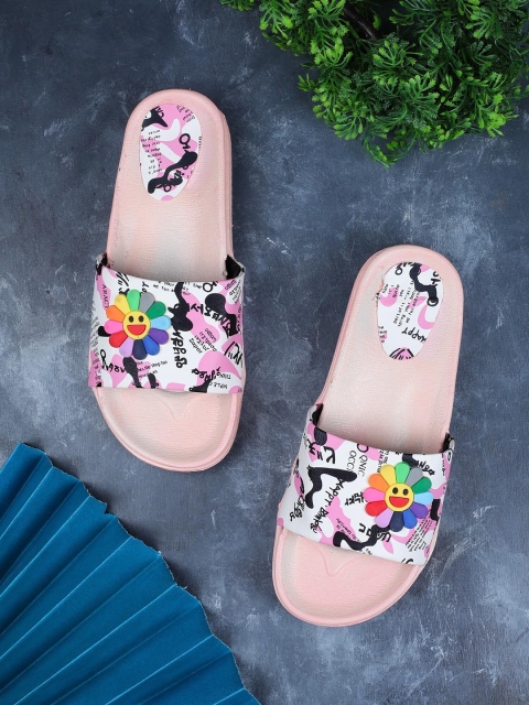 

FABBMATE Women Pink & White Printed Sliders