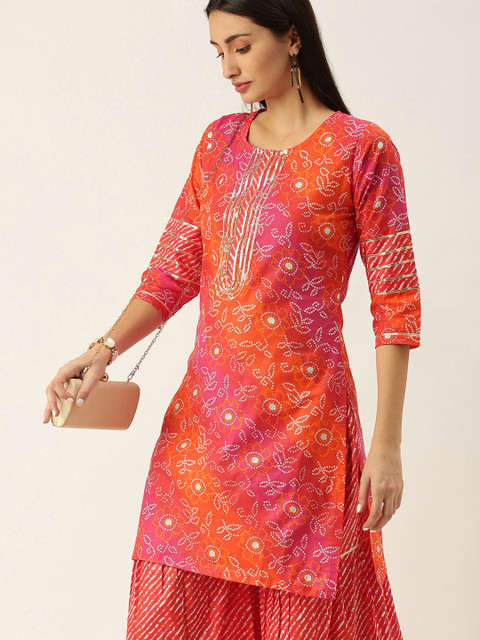 

Minora Women Orange Bandhani Printed Pure Cotton Kurta with Sharara