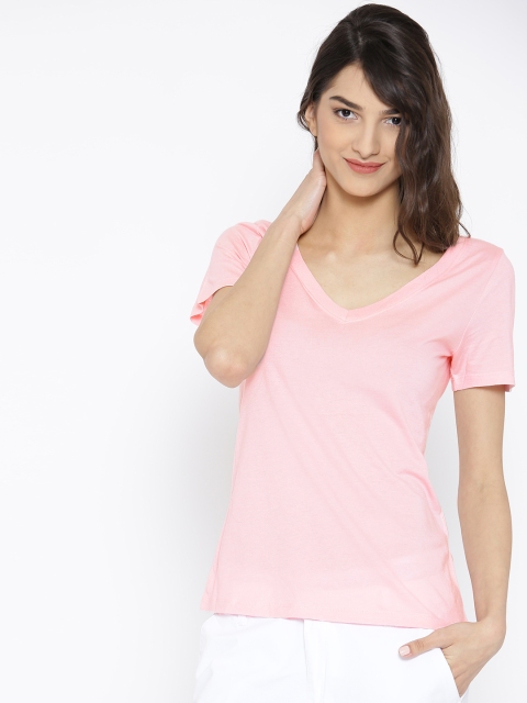 

FOREVER 21 Women Pink Solid V-Neck T-shirt