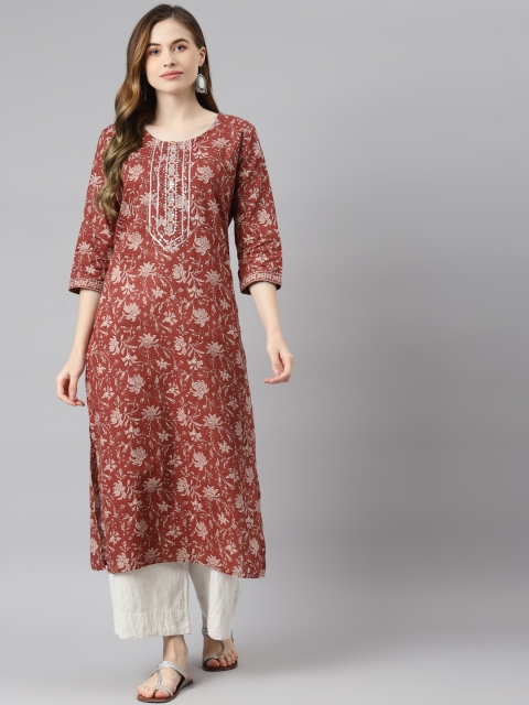 

Readiprint Fashions Women Rust Red & Beige Ethnic Motifs Printed Pure Cotton Kurta