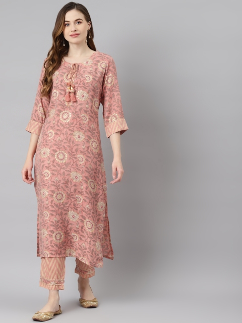 

Readiprint Fashions Women Peach-Coloured & Beige Ethnic Motifs Printed Kurta Set