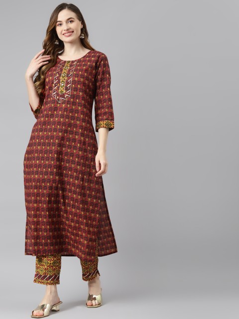 

Readiprint Fashions Women Maroon & Mustard Yellow Printed Pure Cotton Kurta Set