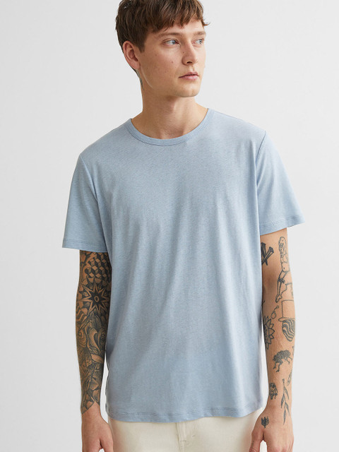 

H&M Men Blue Linen-Blend T-shirt