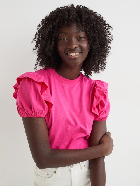 

H&M Women Pink Solid Puff-Sleeved Top