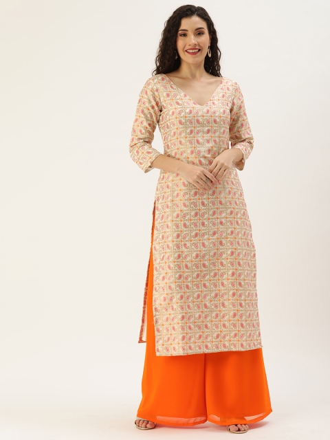 

EthnoVogue Women White Paisley Embroidered Kurta with Palazzos
