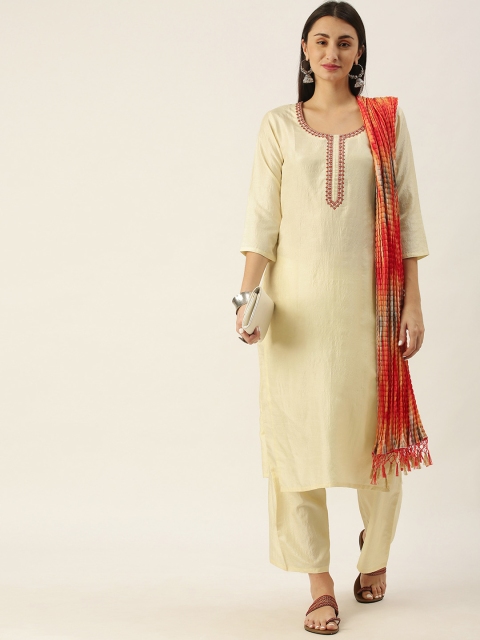 

Minora Women Off White Ethnic Motifs Yoke Design Cotton Kurta Set & Dupatta