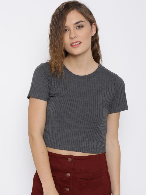 

FOREVER 21 Women Charcoal Grey Solid Semi-Sheer Crop Top