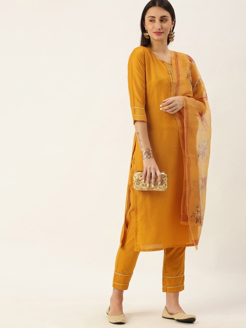 

Minora Women Mustard Yellow Yoke Design Gotta Patti Liva Kurta with Trousers & With Dupatta