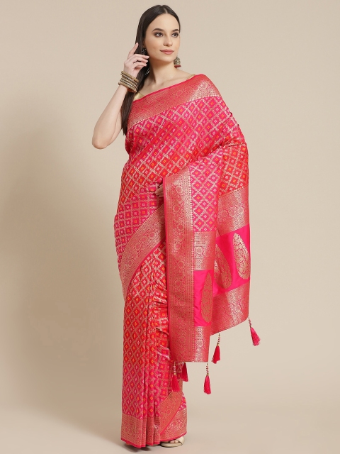 

Mitera Pink & Golden Ethnic Motifs Woven Design Zari Saree