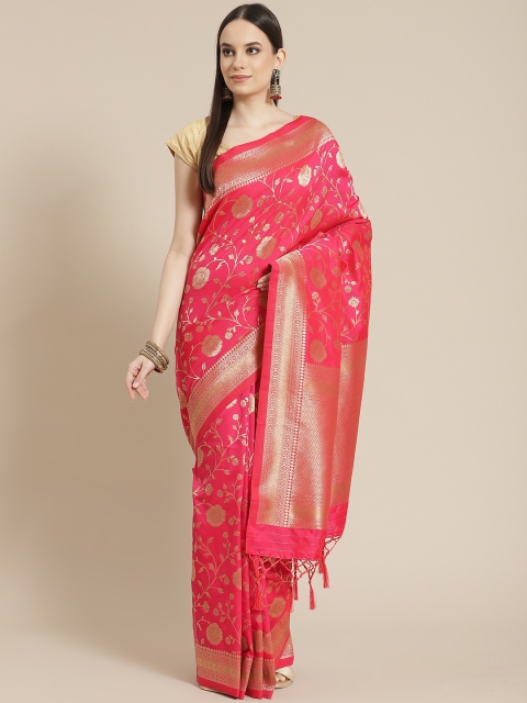 

Mitera Pink & Golden Ethnic Motifs Woven Design Zari Saree