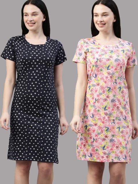 

Kryptic Pack of 2 Navy Blue & White Pure Cotton Printed Nightdress
