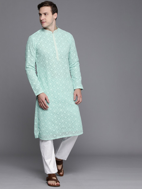 

Manyavar Men Green Floral Embroidered Floral Georgette Kurta with Pyjamas