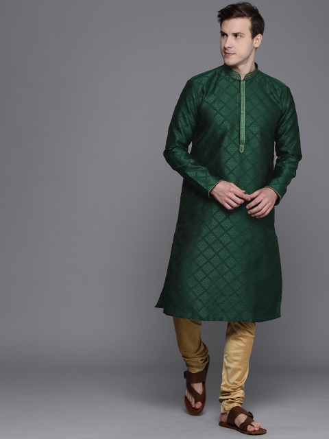 

Manyavar Men Green & Beige Woven Design Jacquard Kurta with Churidar