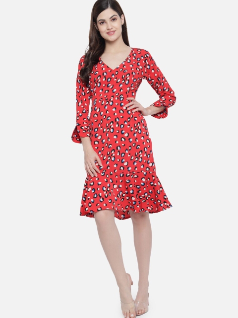 

SECRETS BY ZEROKAATA Red & Black Animal Georgette A-Line Dress