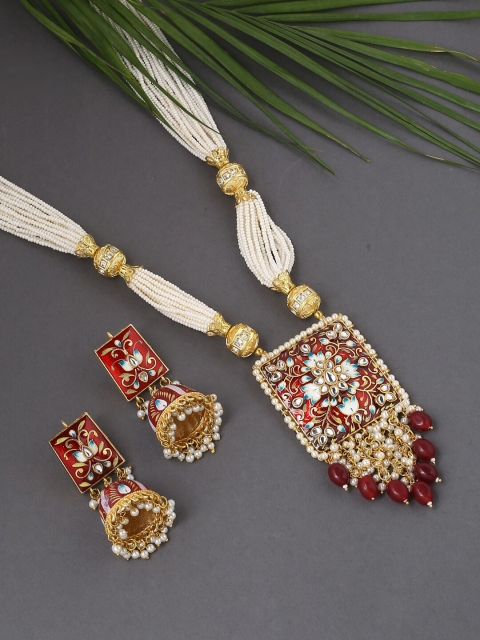 

VIRAASI Maroon & White Kundan Studed & Beadded Meenakari Enamelled Jewellery Set