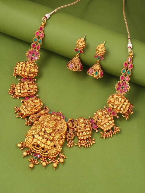 

VIRAASI Gold-Plated & Pink & Green Stone Studded Jewellery set