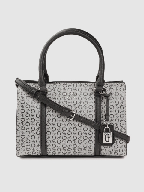 

GUESS Grey & Black Brand Logo Printed Structured Handheld Bag
