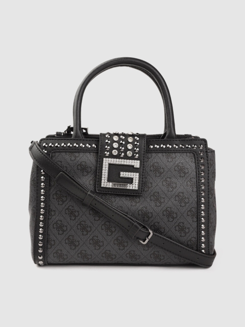 

GUESS Charcoal Grey & Black Brand Logo Printed Structured Handheld Bag