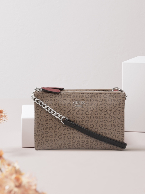 

GUESS Brown Brand Printed Structured Sling Bag with Non-Detachable Sling Strap